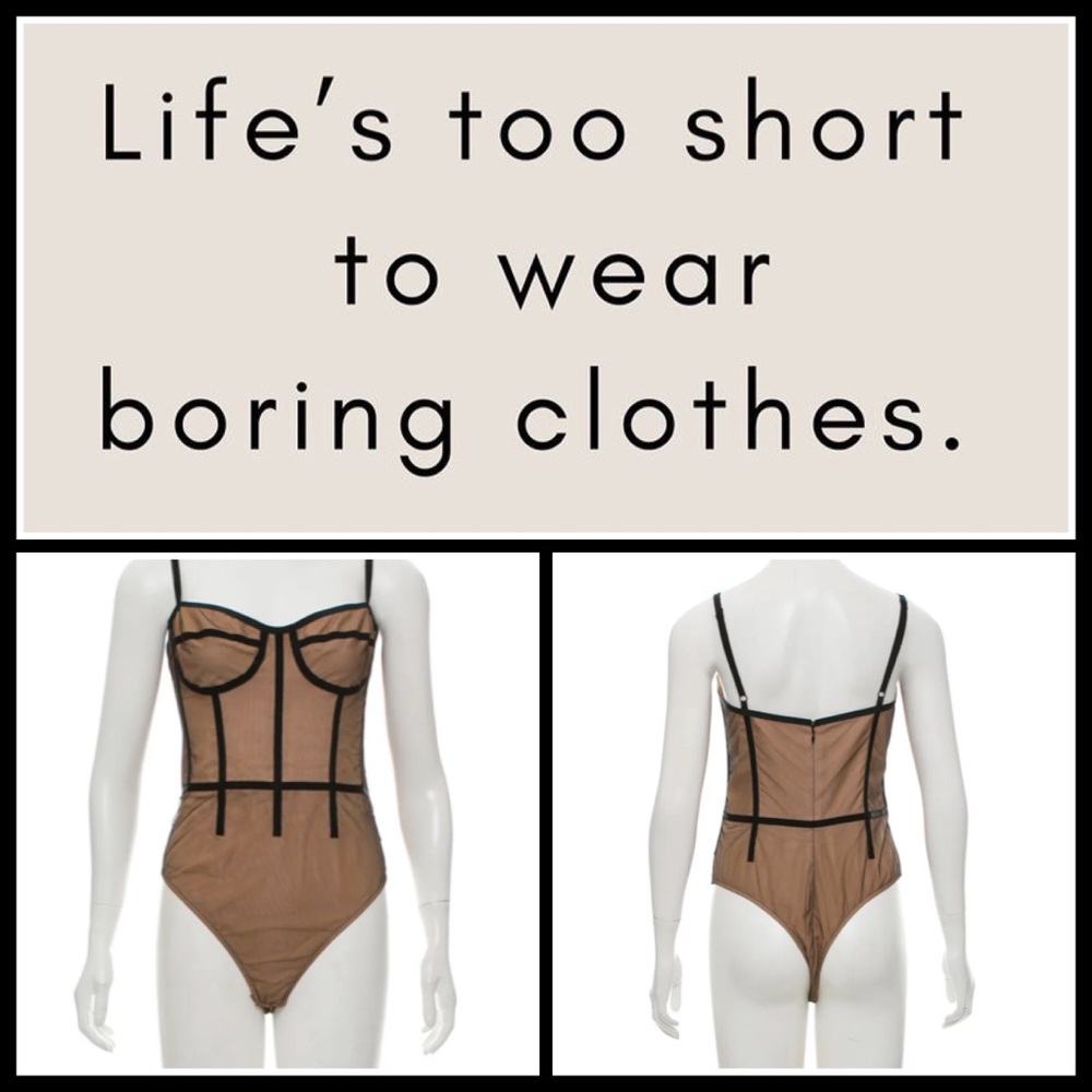$895 Lingerie Mesh Boning Black/Tan Thong Bodysuit